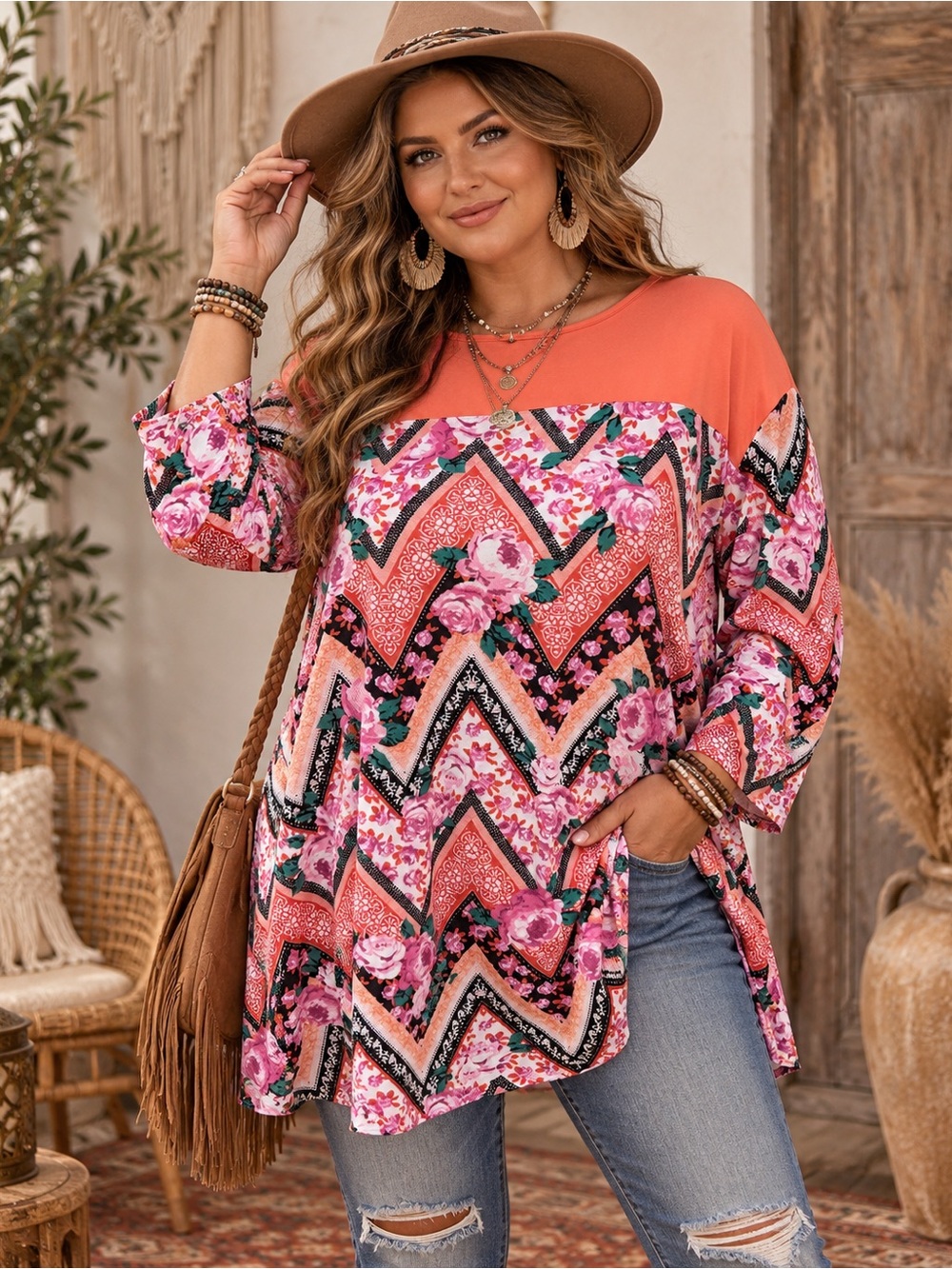 Bobbie Brooks Plus Size 1X Boho Floral Chevron Tunic Top